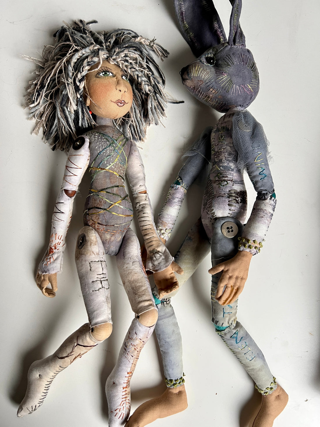Hand Embroidered Rabbits and Dolls for workshops 2024