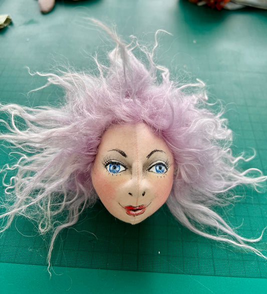 Cloth Doll Head made by Jan Horrox with Tibetan Wig