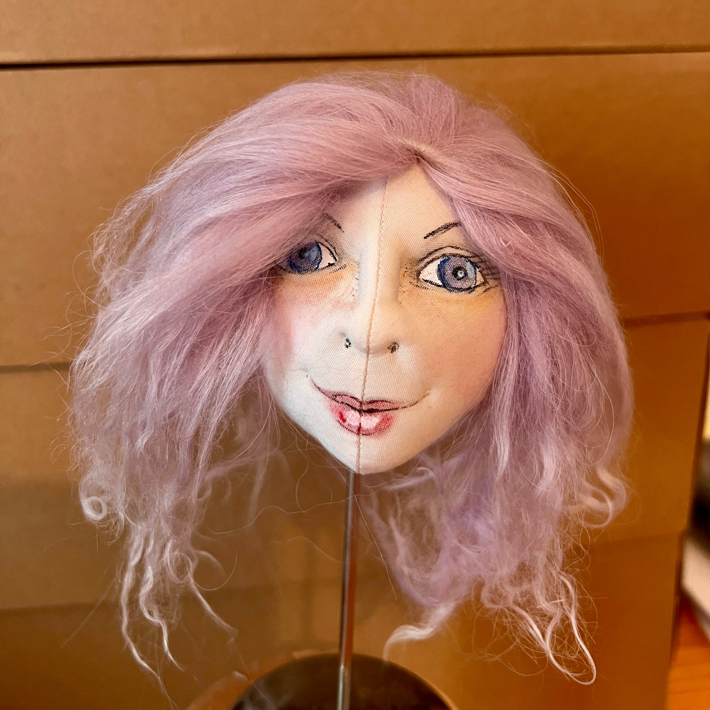 Cloth Doll Head made by Jan Horrox with Tibetan Wig. 33/26